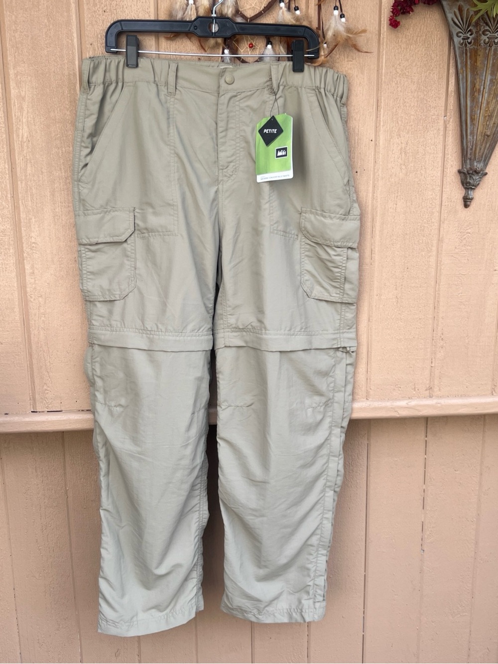 REI Convertible Hiking Cargo Pants Womens 14P Petite Beige Nylon Outdoor Camping